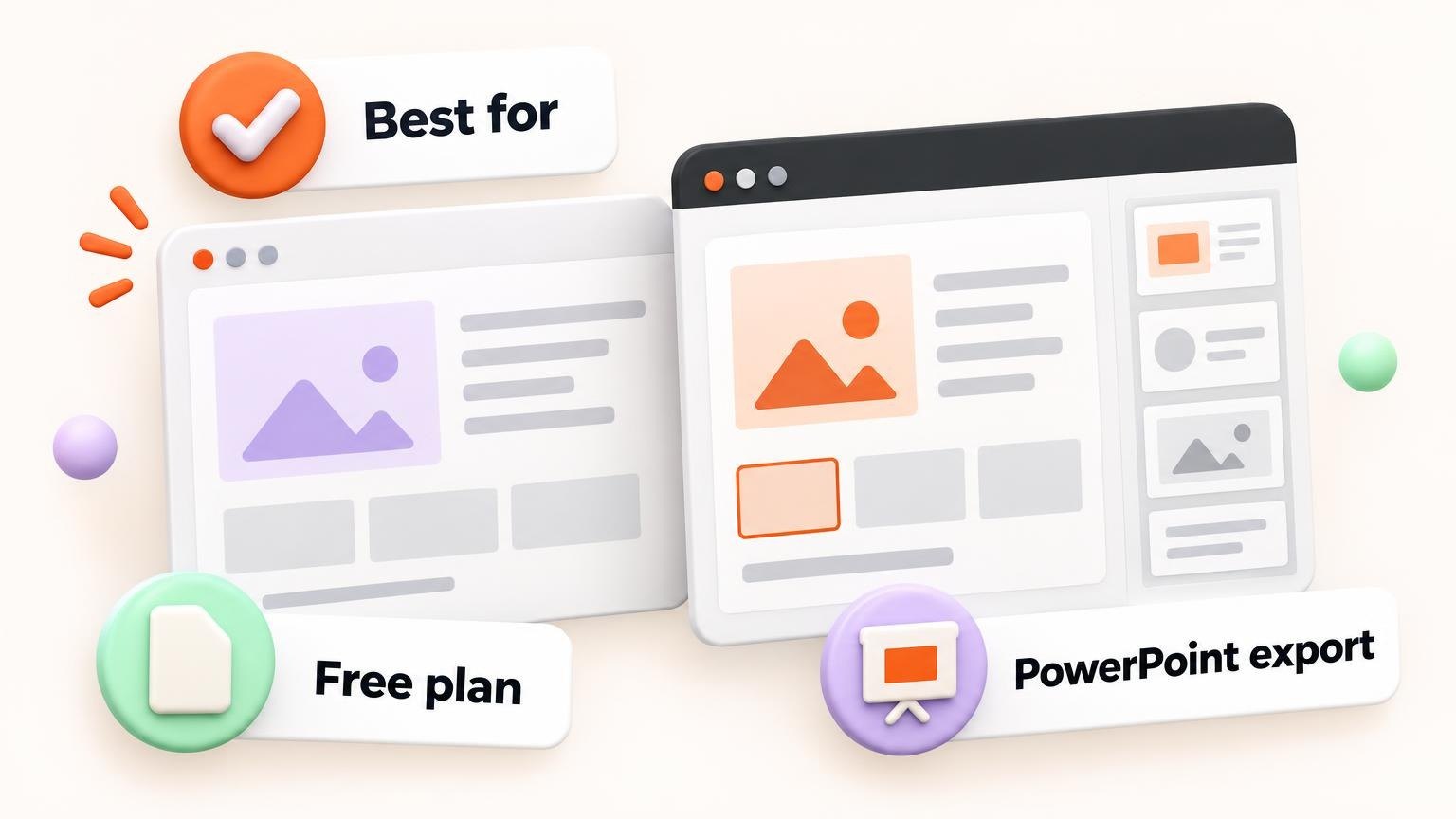 Minimalist UI mockup cards presenting comparison columns with floating 3D checkmark and slide icons.