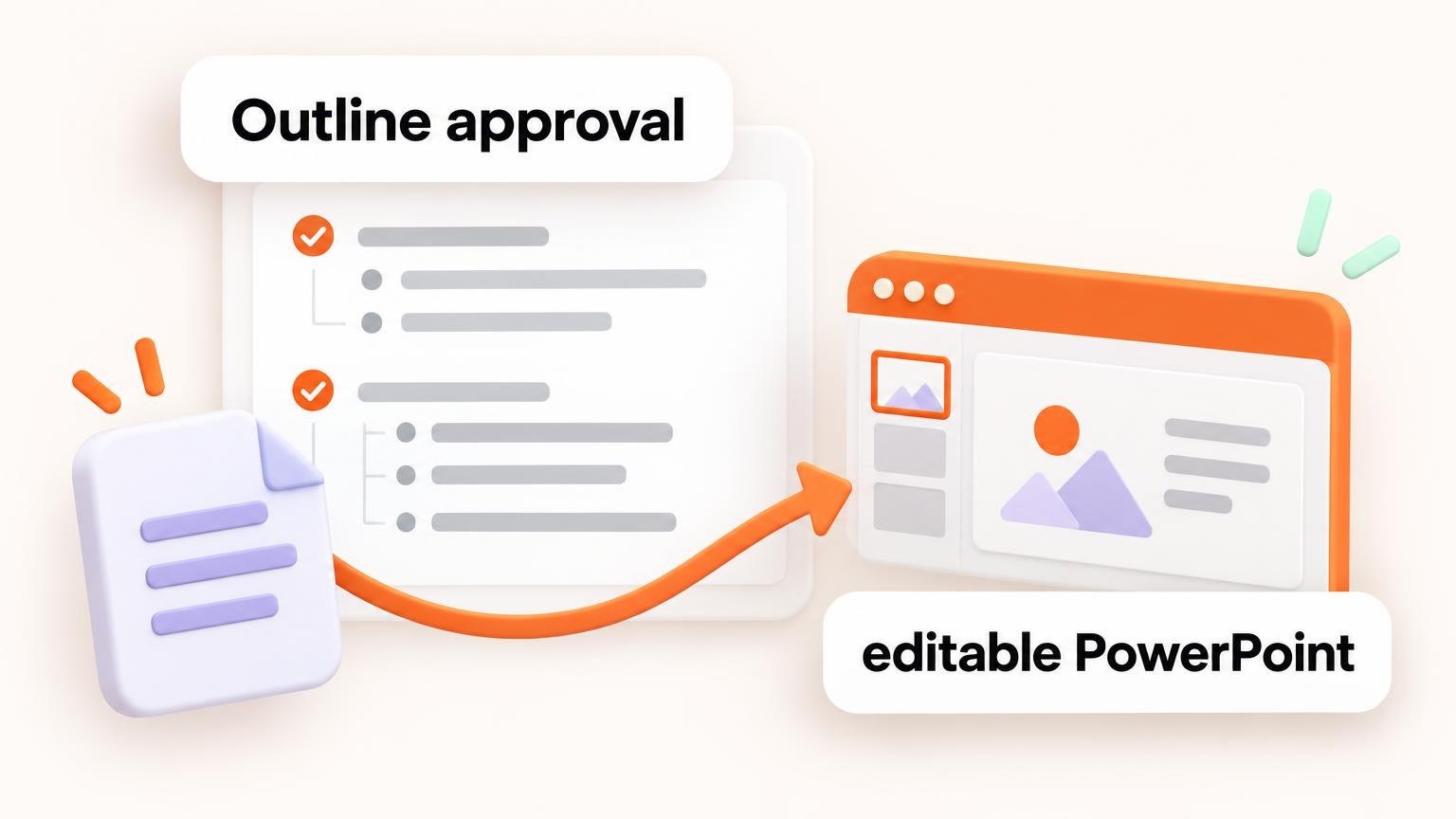 A UI card displaying a clean outline structure with floating 3D document and presentation slide icons.