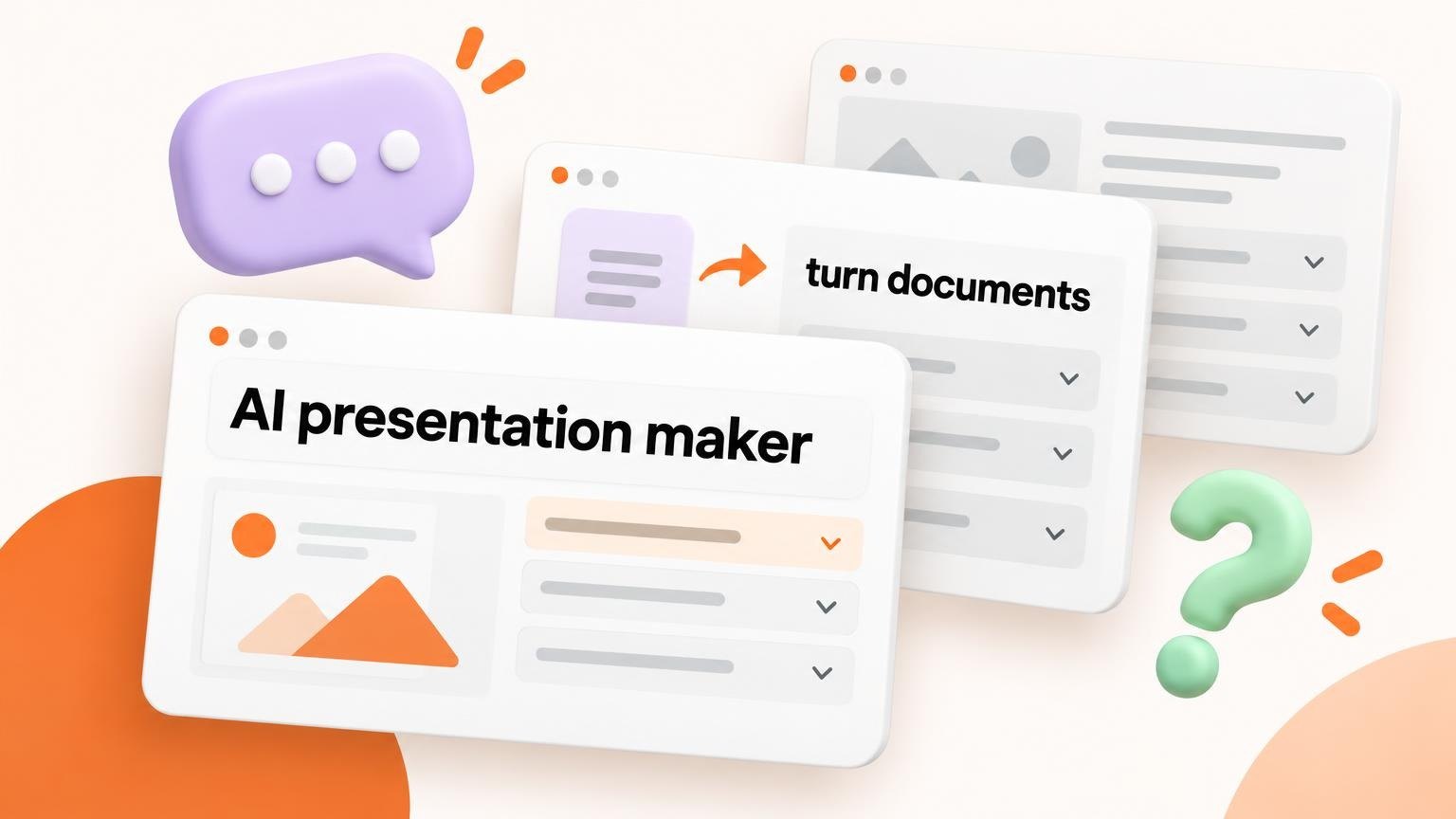 Staggered FAQ UI cards with a floating 3D speech bubble and question mark icon.