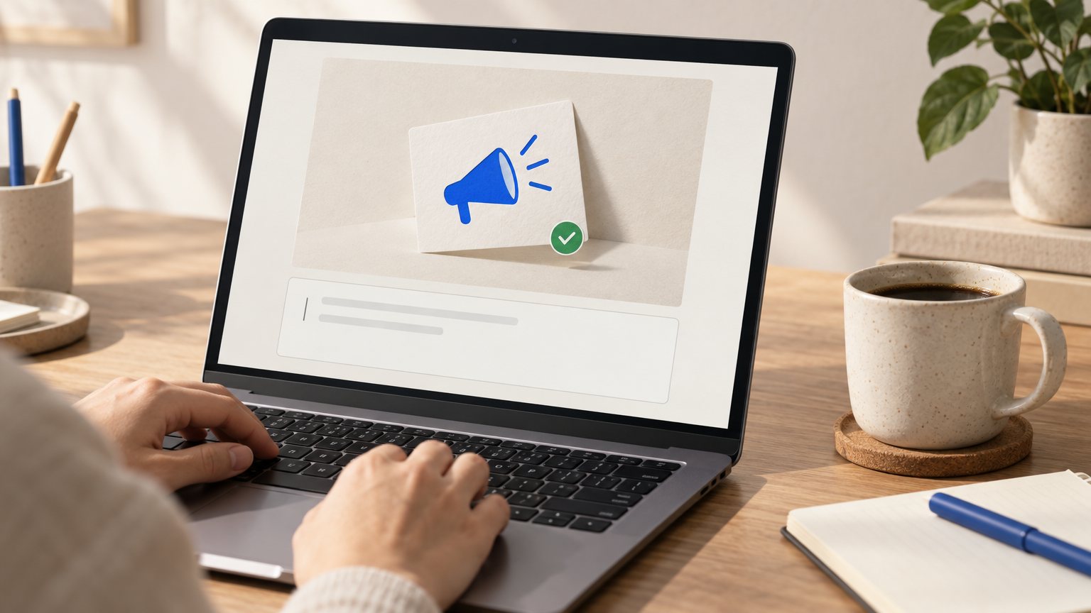 8 Everyday Tasks an AI Assistant for Small Business Handles 1 A small business owner reviewing an AI-generated promotional graphic next to a draft social media caption on a laptop screen