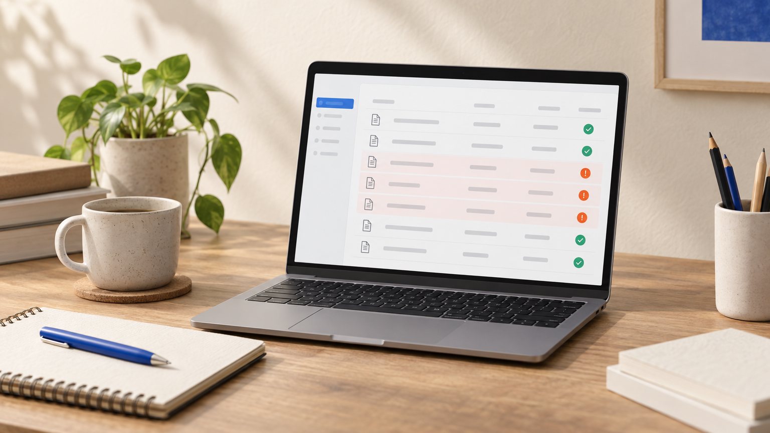 8 Everyday Tasks an AI Assistant for Small Business Handles 2 A small business owner reviewing a simple invoice tracker on a laptop with several overdue payments highlighted
