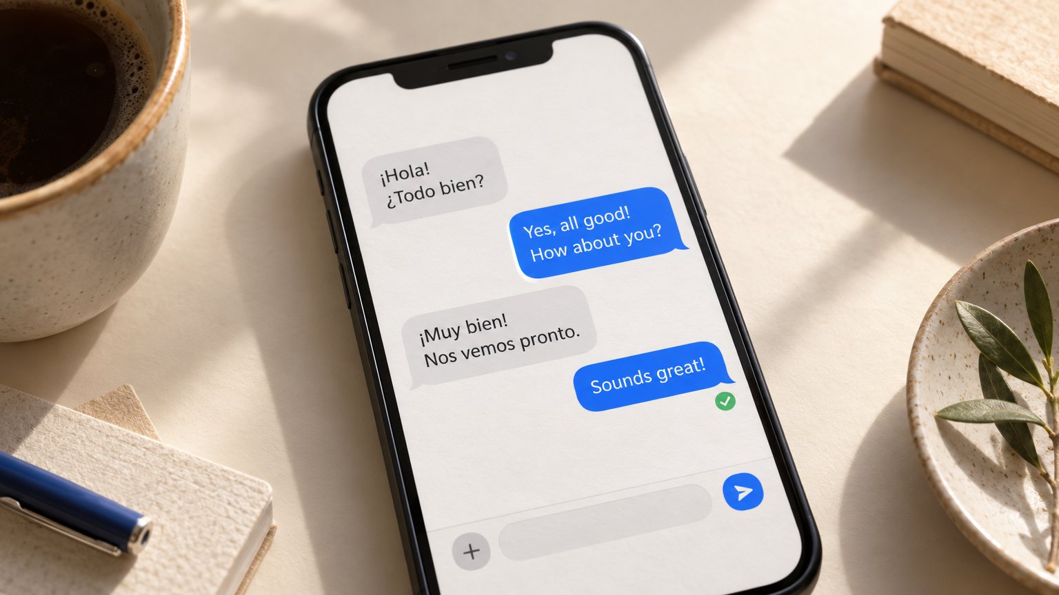 8 Everyday Tasks an AI Assistant for Small Business Handles 3 A phone screen showing a two-way text conversation with one side in English and one in another language