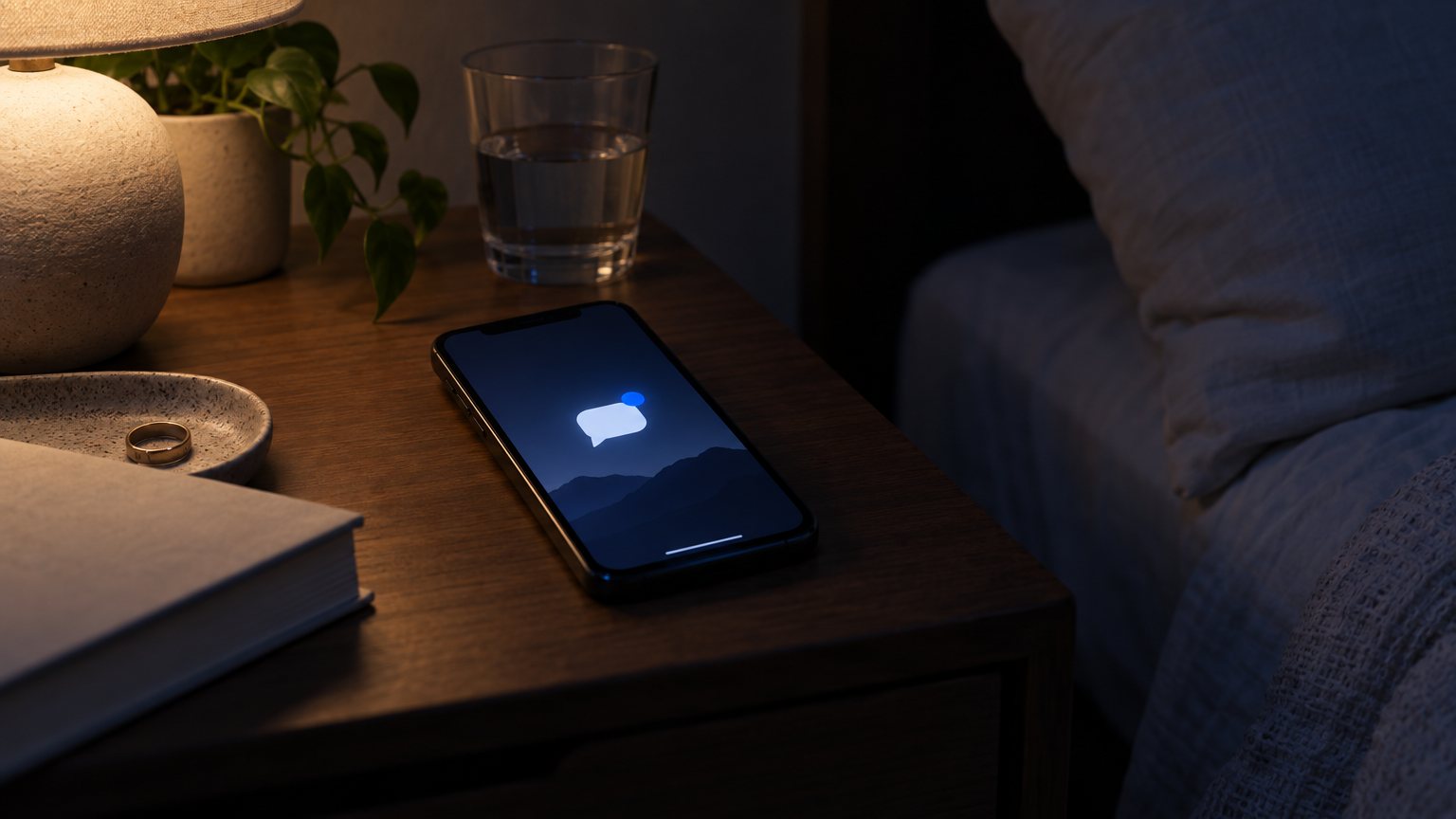 8 Everyday Tasks an AI Assistant for Small Business Handles 4 A phone lighting up on a nightstand at night with a chat notification visible on the screen