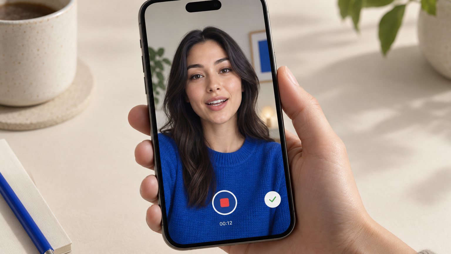 Smartphone screen showing an AI avatar mid-recording a casual talking video.