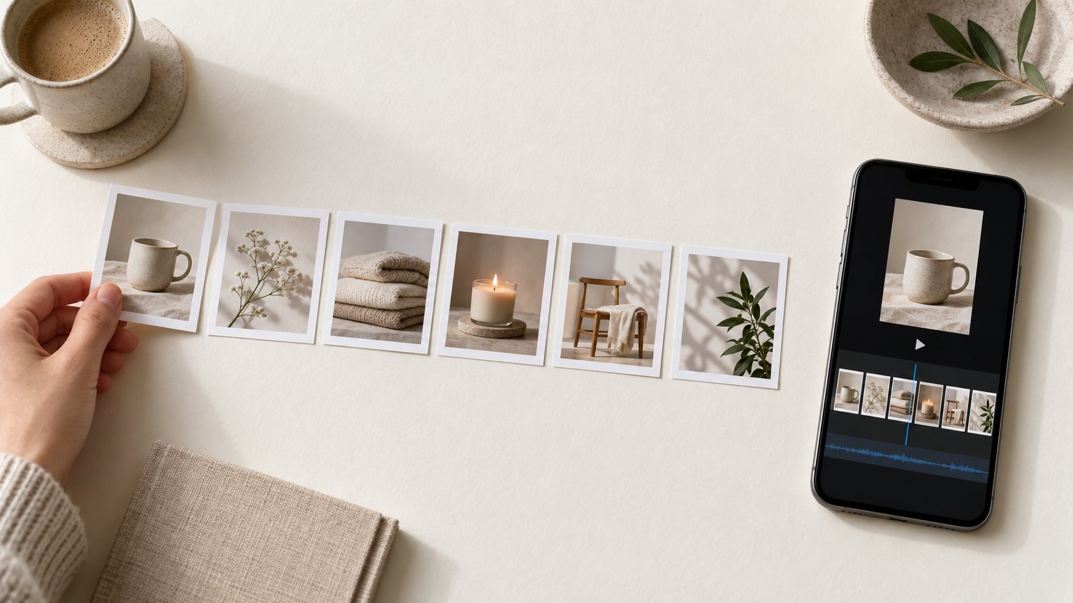 Grid of product photos being arranged into a video timeline for a slideshow-style short video.
