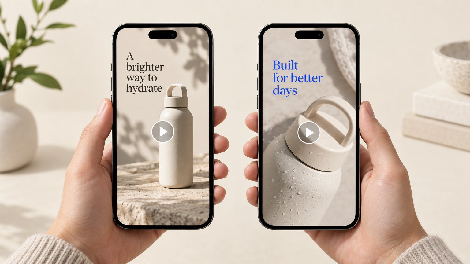 Two phone screens side by side comparing two different video thumbnails and hook lines.