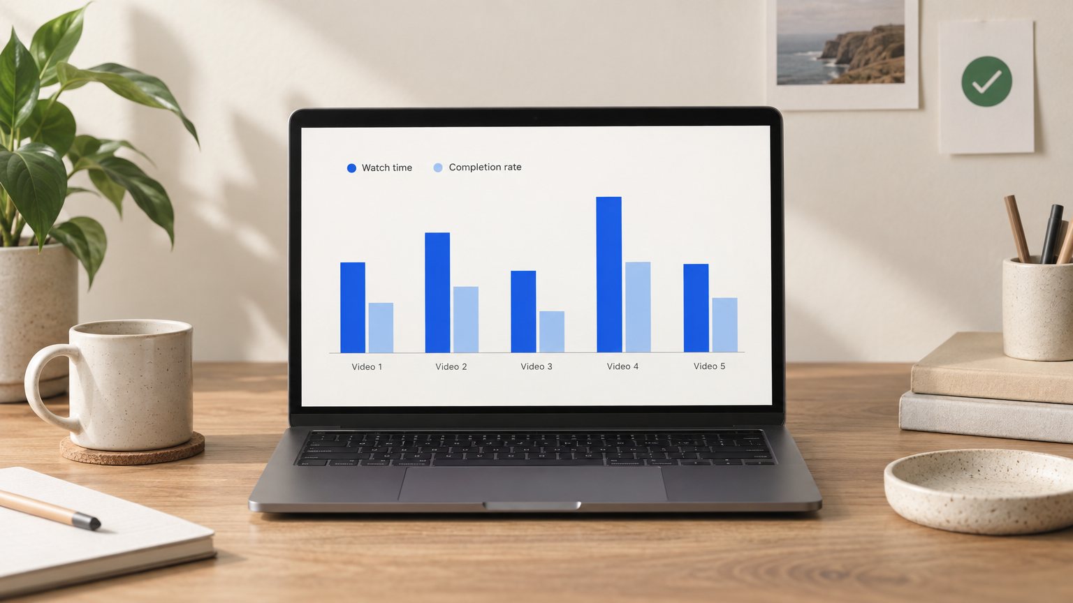 Laptop screen showing a simple chart of video watch time and completion rate metrics.