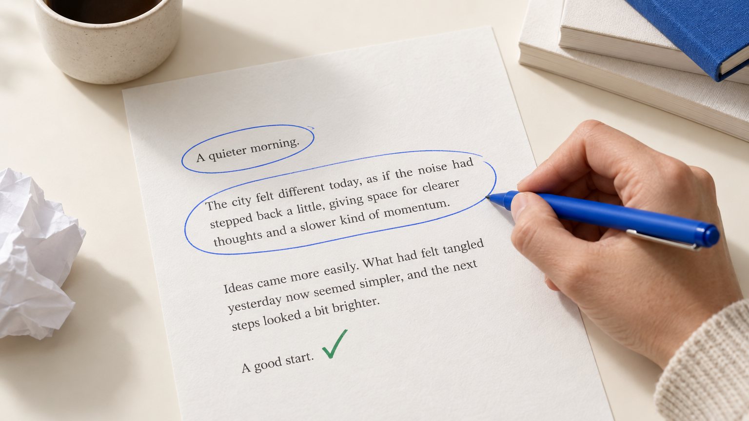 Hand marking up a printed page to revise sentence rhythm after an AI detection flag