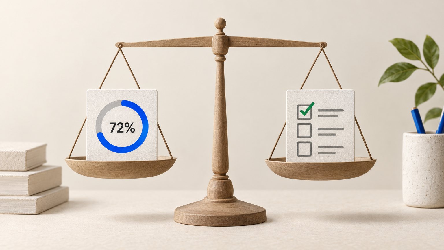 Balance scale weighing an AI detection percentage against a human review checklist