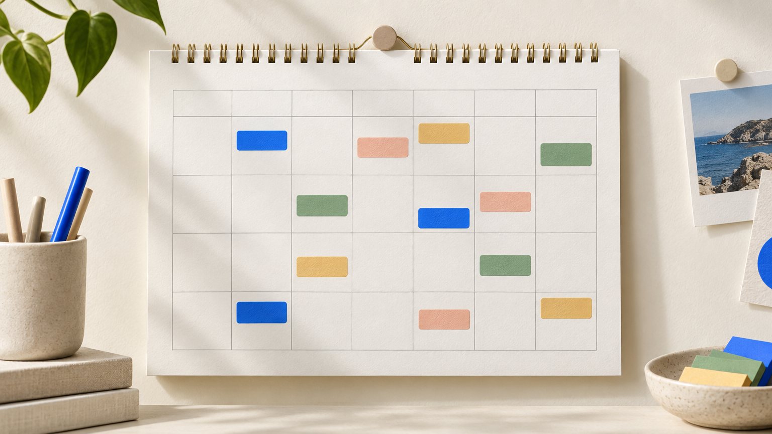Weekly content calendar with color coded pillars assigned to each posting day.