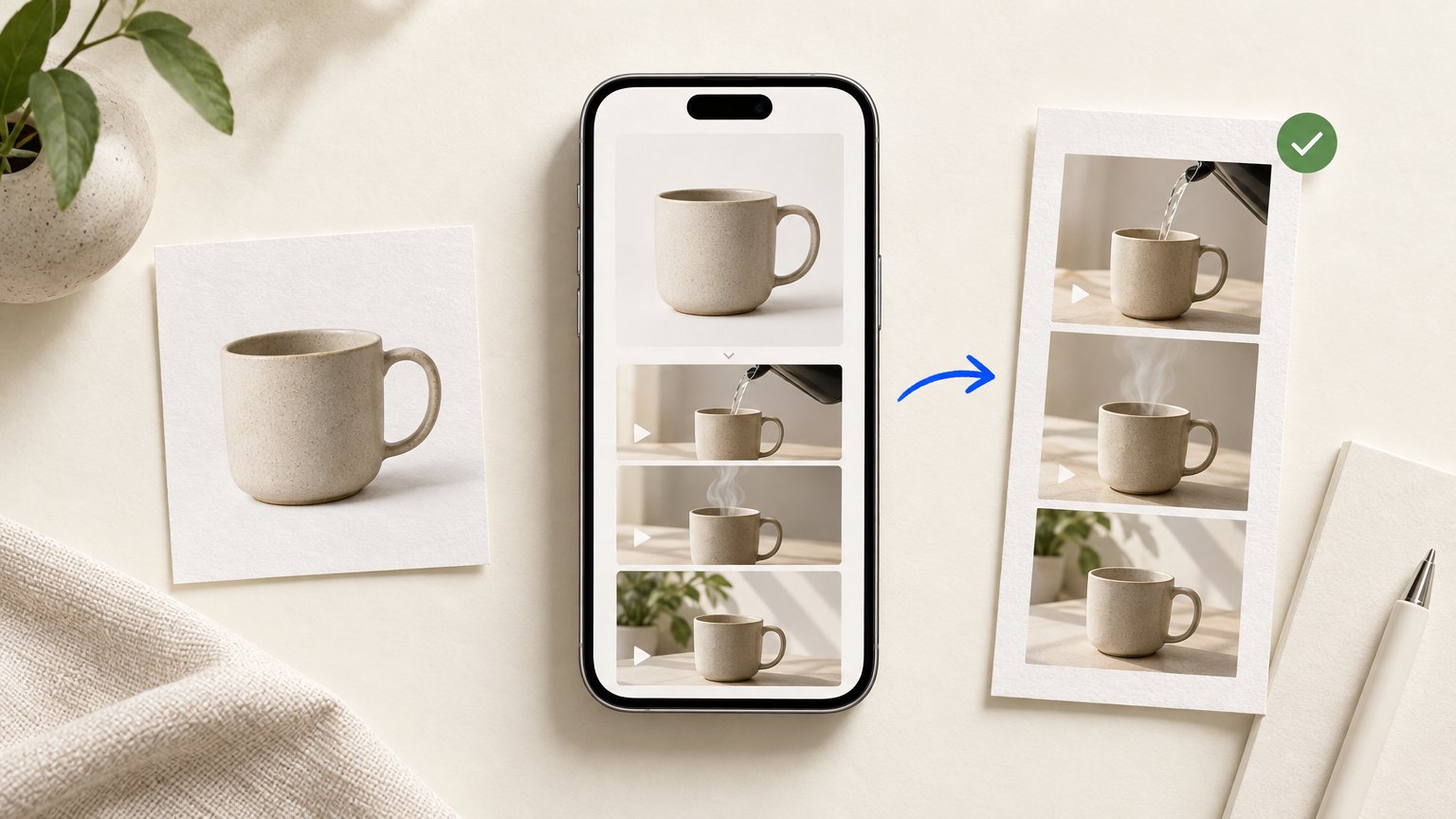 Product photo being turned into a short vertical UGC style video on a phone screen.