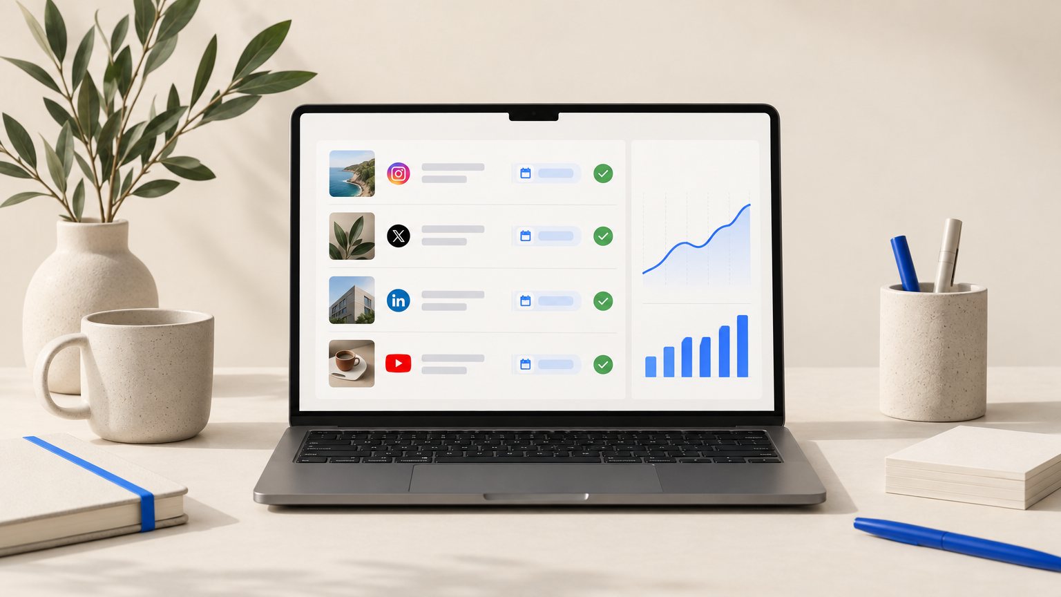 Content scheduling dashboard with queued posts and a small engagement chart.