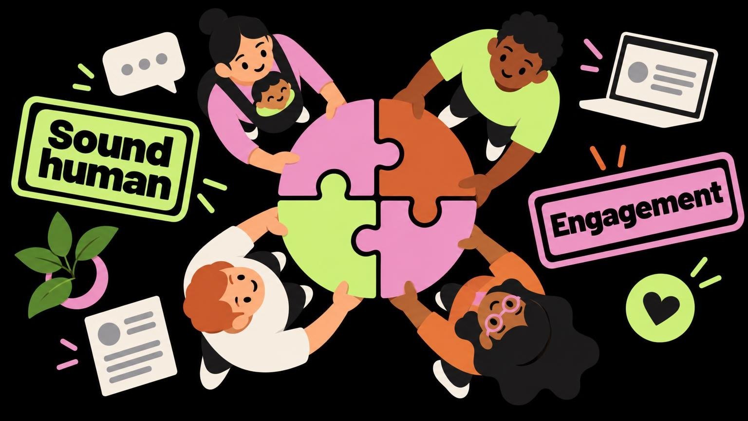 Flat vector illustration of people connecting geometric puzzle shapes, symbolizing community engagement.