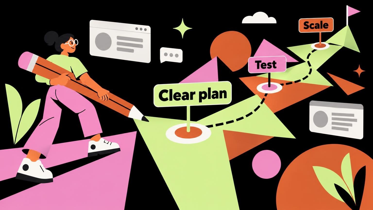 Flat vector illustration of a person planning a roadmap with a large pencil on geometric shapes.