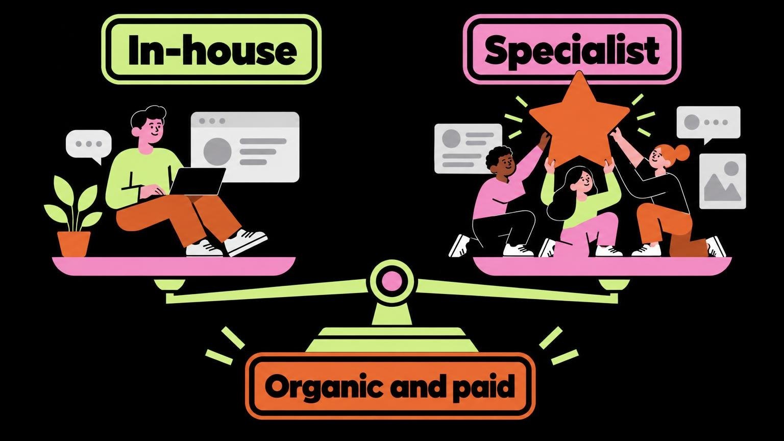 Flat vector illustration of a scale balancing an individual and a team, representing collaboration.