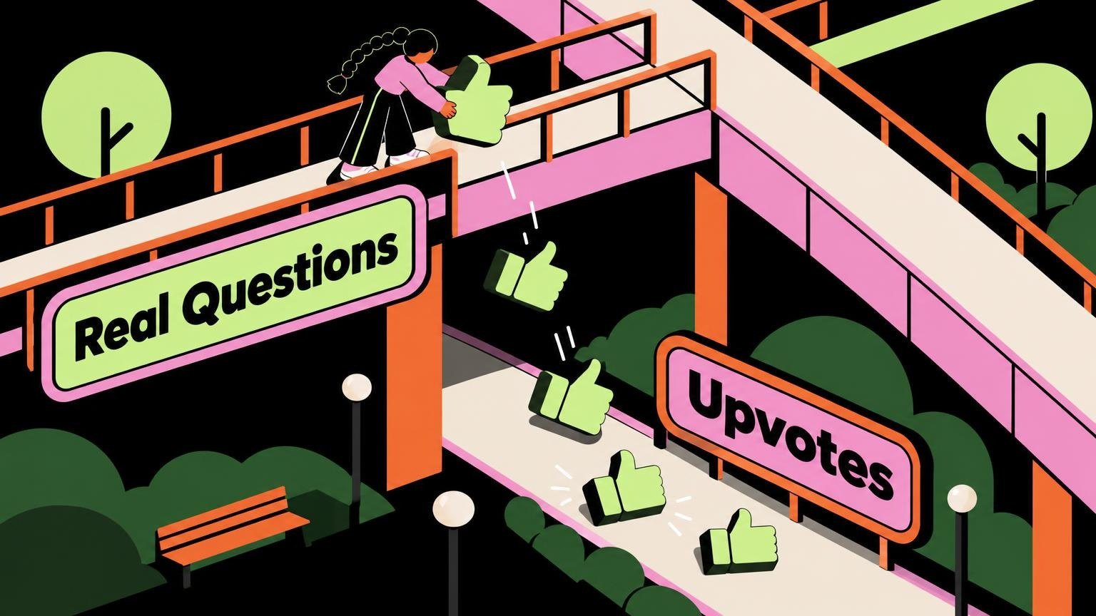 Flat vector illustration of a person on a geometric bridge dropping thumbs-up symbols near labeled text boxes.