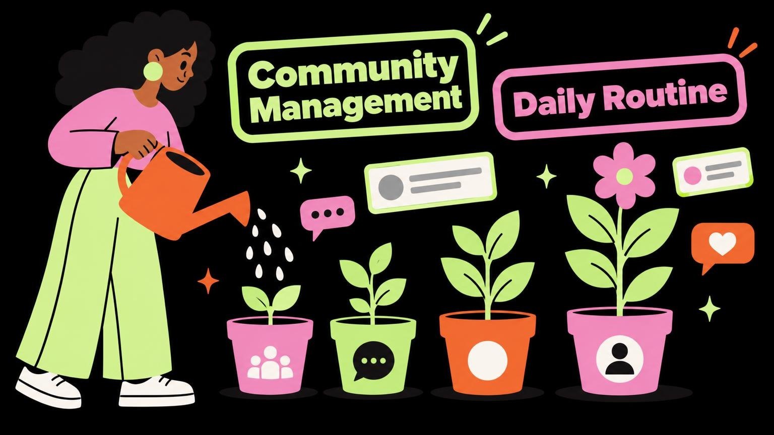 Flat vector design of a person watering geometric plants representing online communities.
