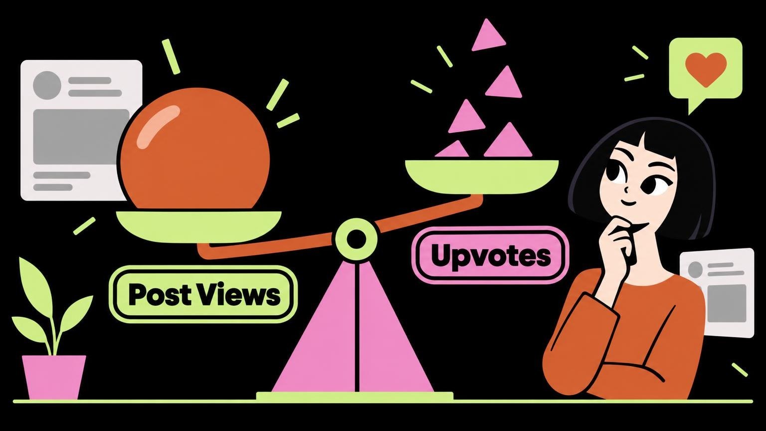 Flat vector illustration of a geometric balance scale with a person watching it.