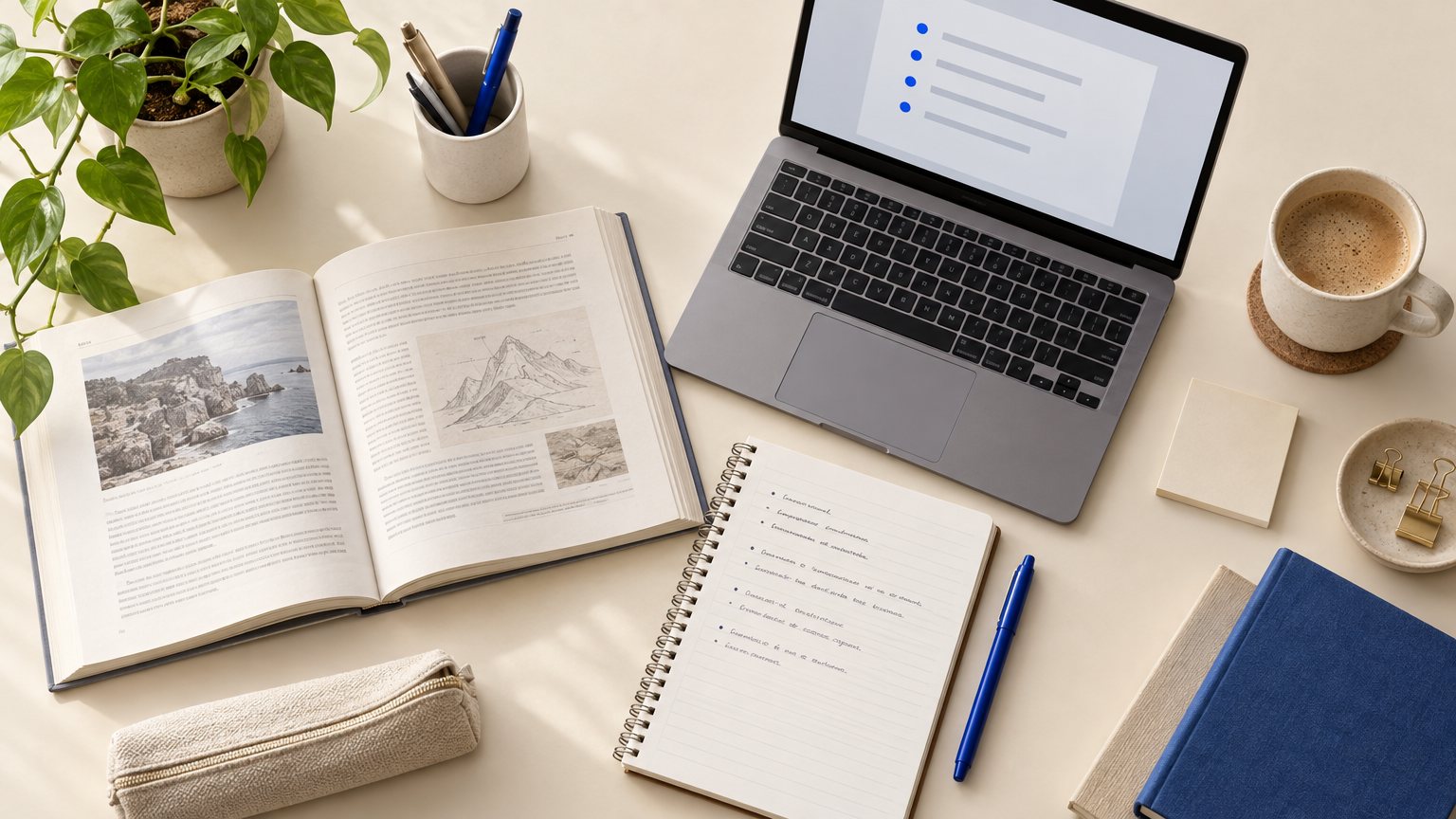 Student at a desk with a laptop and open textbook, using an AI tool to summarize notes before an exam.