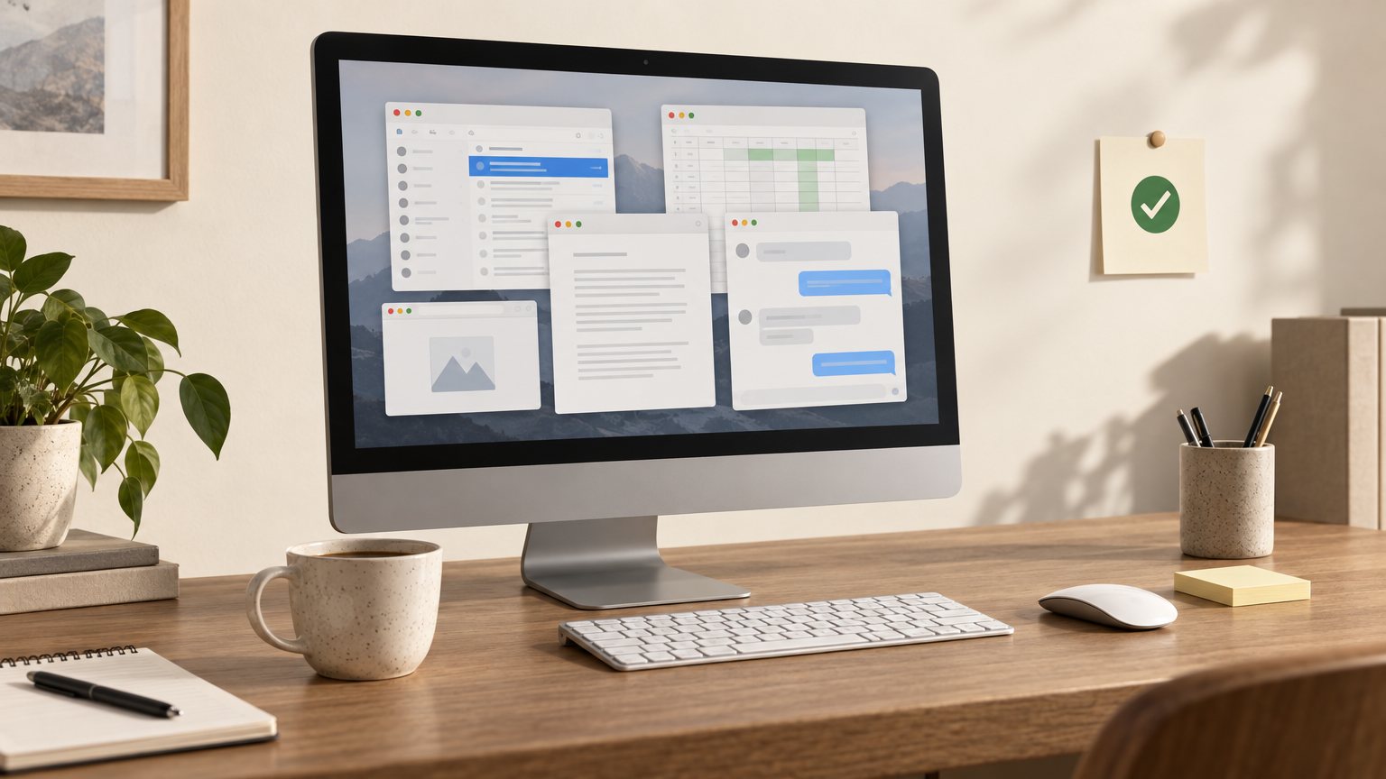 Person at an office desk with several browser tabs open, switching between apps for email, notes, and translation.