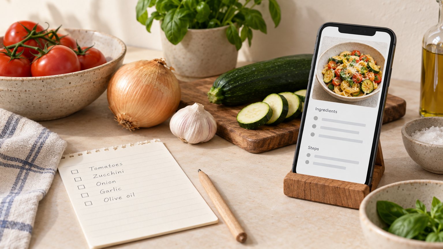 Kitchen counter with a phone showing a recipe suggestion next to fresh groceries and a handwritten shopping list.